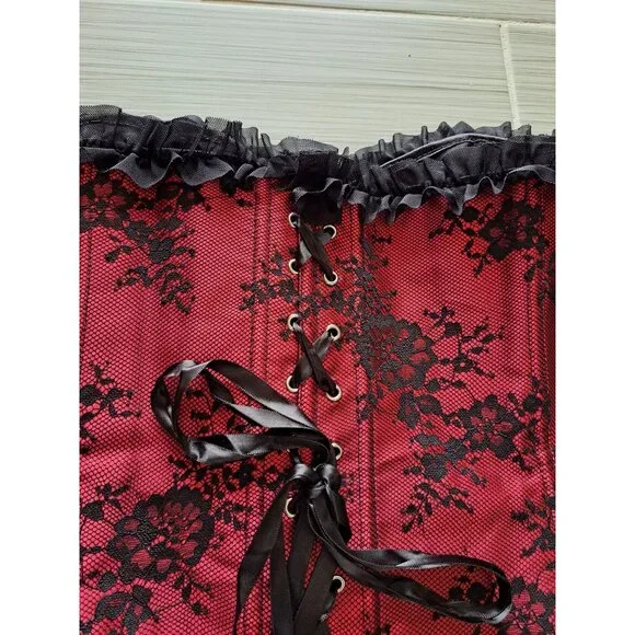 Gothic Red & Black Lace Off-Shoulder Corset Top Bell Sleeves Bustier Blouse 7XL - Picture 3 of 12